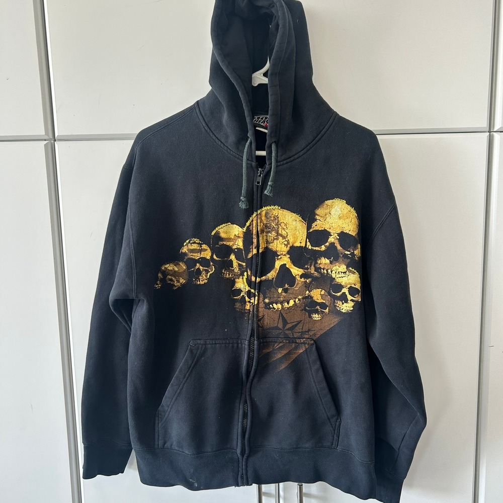 Top Heavy Mens XL Full Zip Hoodie Black Gold Skull Graphic Streetwear Sweatshirt